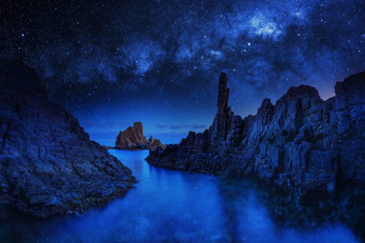 river, Ocean, Sea, Stars, Sky, Blue, Night, Mood, Reflection HD Wallpaper Desktop Background