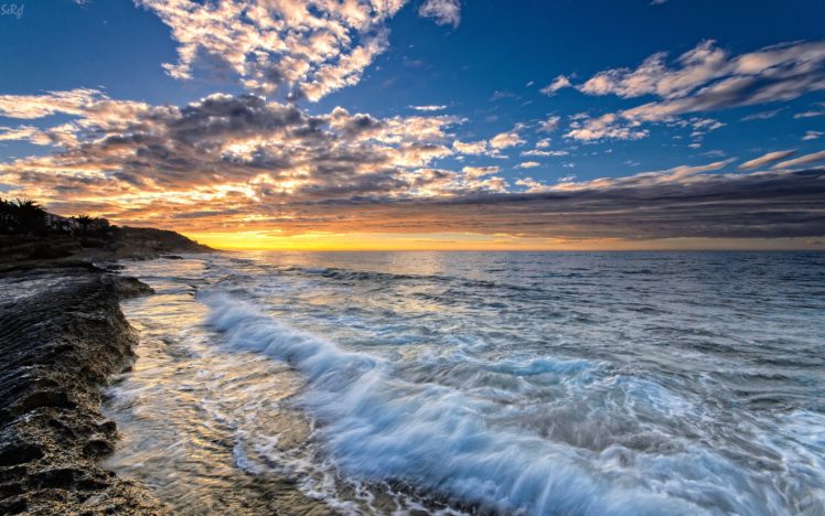 sea, Sunset, Beach, Rocks, Clouds, Nature HD Wallpaper Desktop Background