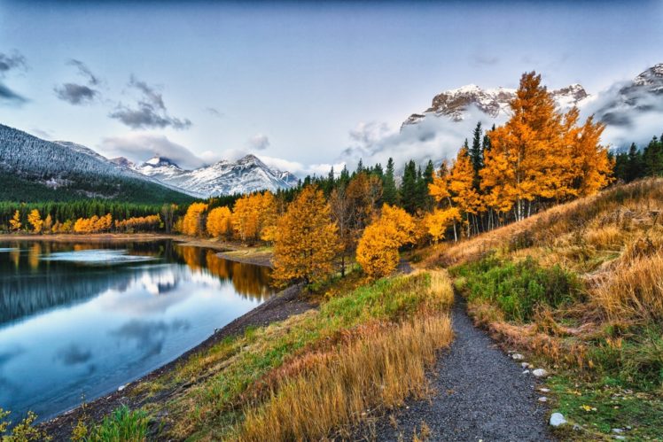 water, Park, Clouds, Sky, Snow, River, Forest, Nature, Mountains, Autumn HD Wallpaper Desktop Background