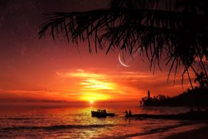 dream, Sunset, Ocean, Sea, Sky, Clouds, Planets, Sci fi, Lighthouse, Boats, People