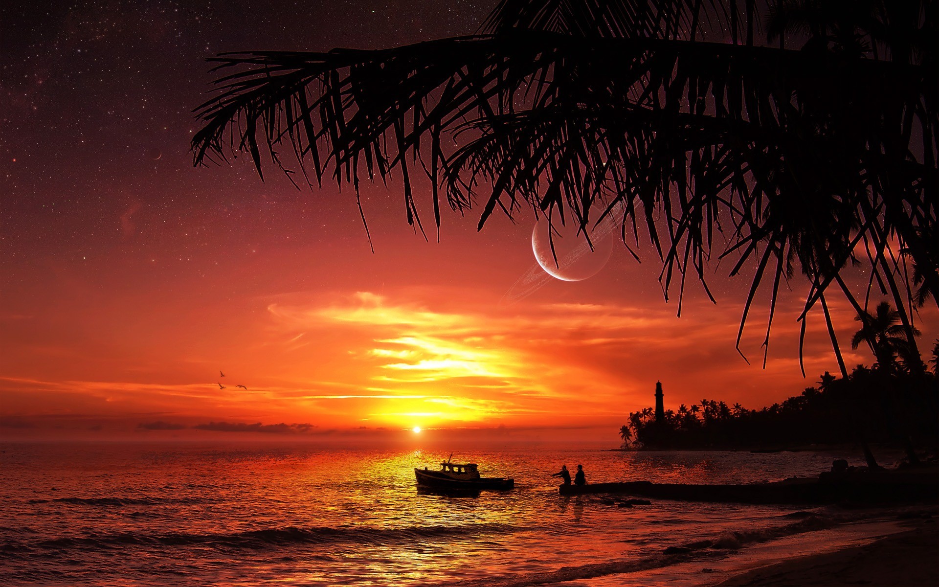 dream, Sunset, Ocean, Sea, Sky, Clouds, Planets, Sci fi, Lighthouse, Boats, People Wallpaper