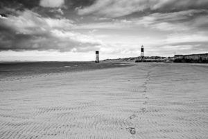 lighthouse, Beach, Bw, Footprints, Clouds, Sky, Ocean, Black, White