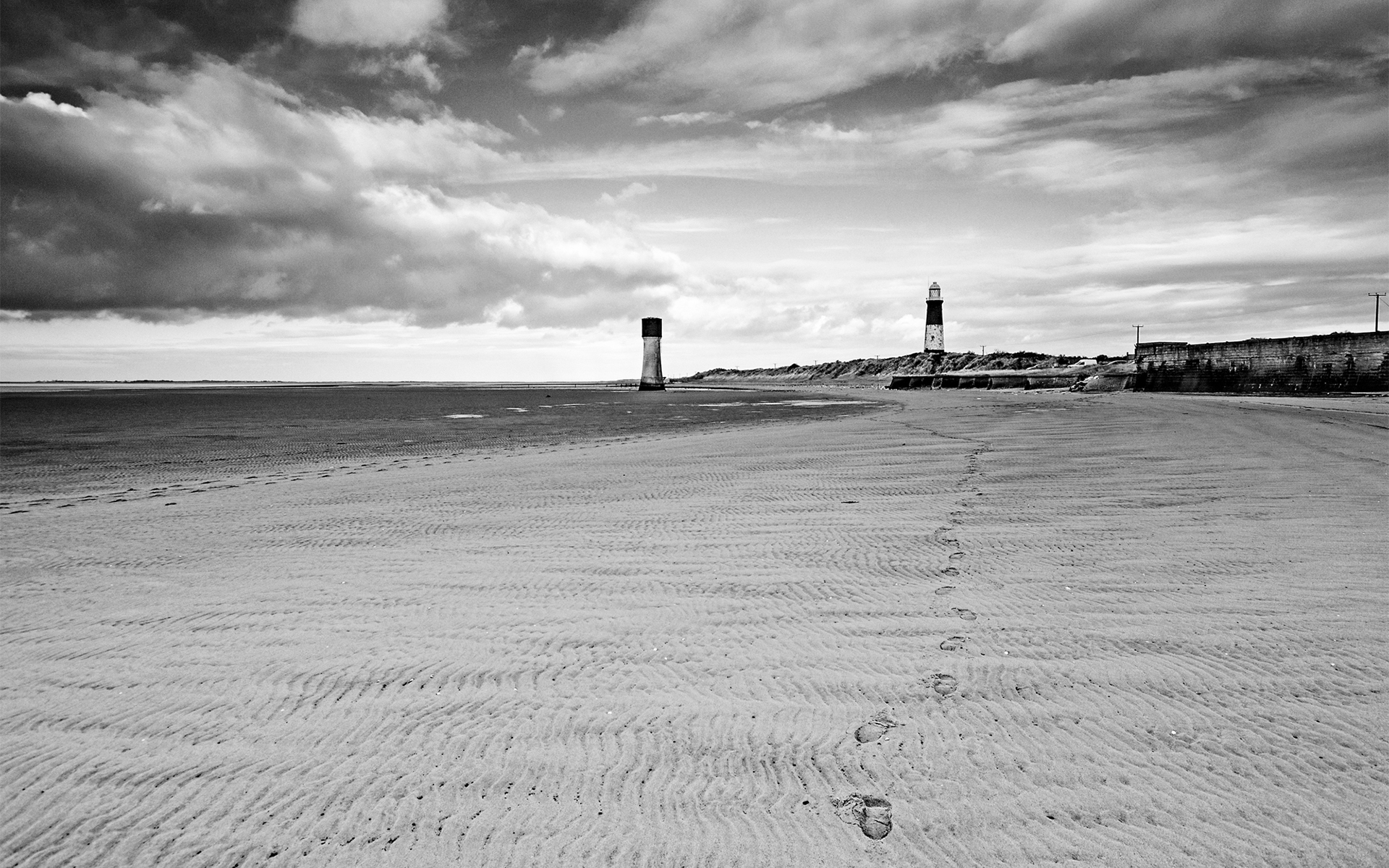 lighthouse, Beach, Bw, Footprints, Clouds, Sky, Ocean, Black, White Wallpaper