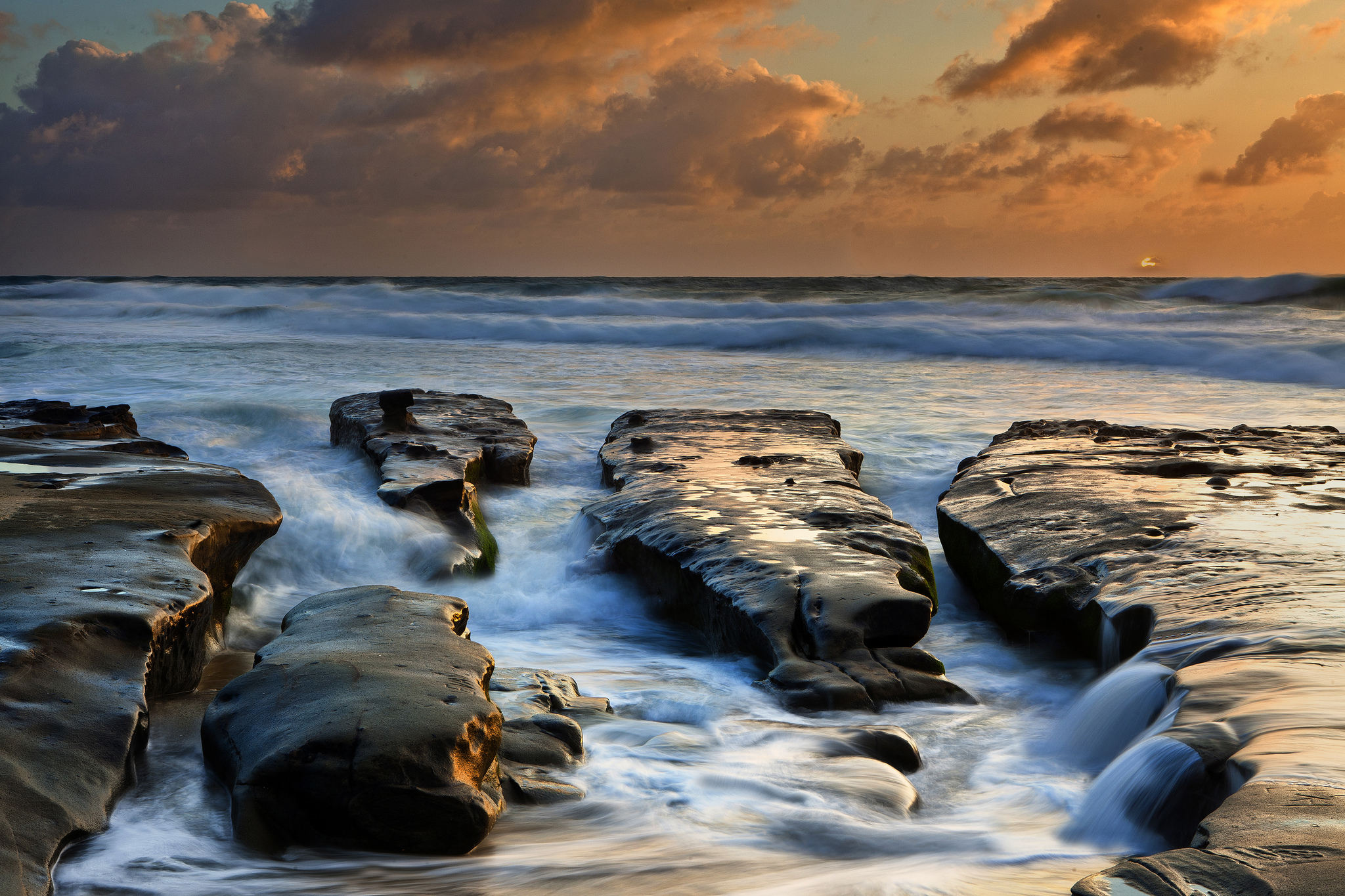 sea, Streams, Waves, Water, Rocks, Sky, Clouds, Sun, Ocean, Sunset Wallpaper