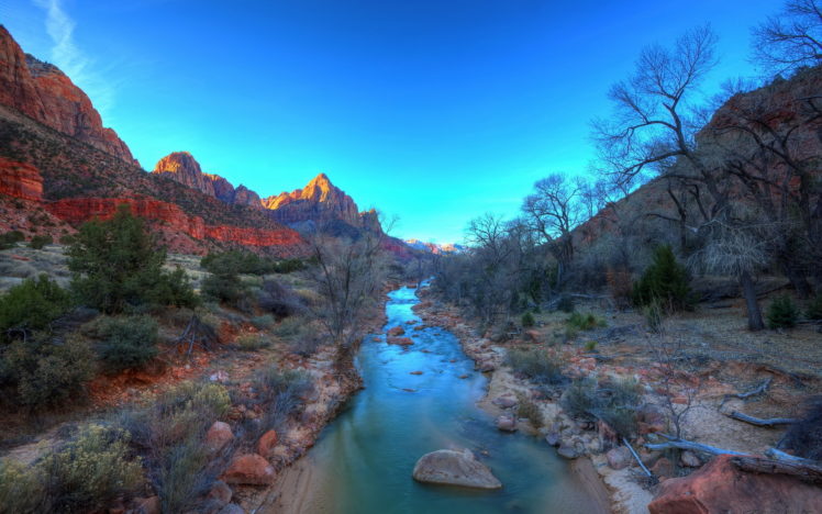 virgin, River, Zion, National, Park, Landscape, Mountains, Sky HD Wallpaper Desktop Background