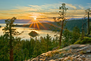 sunset, Sunrise, Lakes, Islands, Reflection, Sky, Trees, Forest, Mountains