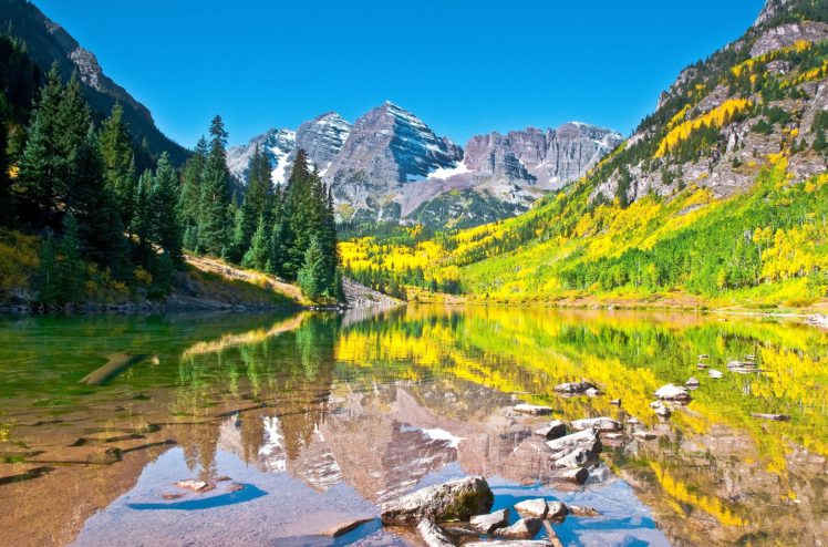 lake, Autumn, Sky, Mountains, Reflection, Forest, Maroon, Bells, Colorado, Aspen HD Wallpaper Desktop Background