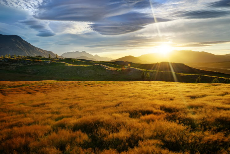 sunsets, New, Zealand, Sky, Rays, Of, Light, Grass, Nature, Sunrise, Landscape HD Wallpaper Desktop Background