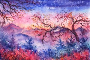 sunset, Mountains, Trees, Christmas, Trees, Birds, Foliage, Watercolor, Evening, Painted, Landscape