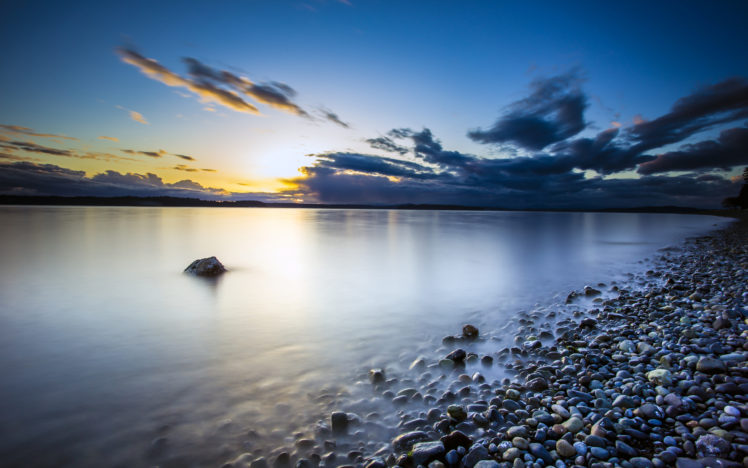 ocean, Rocks, Sea, Water, Reflection, Sky, Clouds, Sunset, Sunrise, Beaches, Shore HD Wallpaper Desktop Background