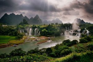 waterfall, River, Landscape, Jungle, Sunlight, Clouds, Mountains, Trees, Forest, River, Boats, Sky, Cloudsfog, Mist