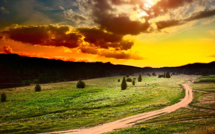 sun, Sky, Clouds, Sunset, Field, Art, Surreal, Landscapes, Sunset, Sunrises, Hills, Trees, Mood HD Wallpaper Desktop Background