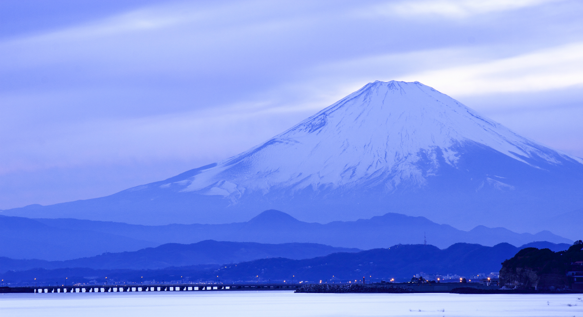 japan, Island, Honshu, Mountain, Fuji, Sea, Ocean, Landscapes, Volcano, Sky, Clouds, Bridge, Night, Lights Wallpaper