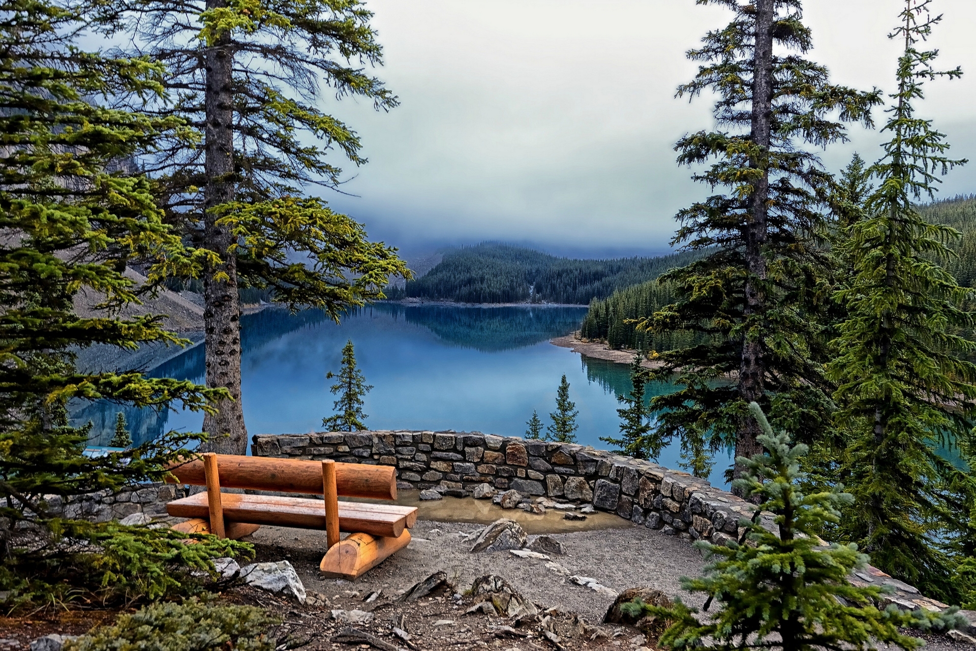 lake, Moraine, Banff, National, Park, Lake, Trees, Firs, Bench, Forest, Reflection, Mountains, Slouds, Fog, Hdr Wallpaper