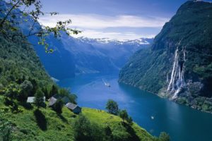 landscape, Fjord, Norway, Water, Sea, Ocean, Buildings, Architecture, Houses, Mountains, Waterfall, Sky, Clouds, Trees