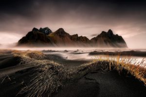 black, Sand, Iceland, Stokksnes, Sea, Ocean, Island, Beach, Grass