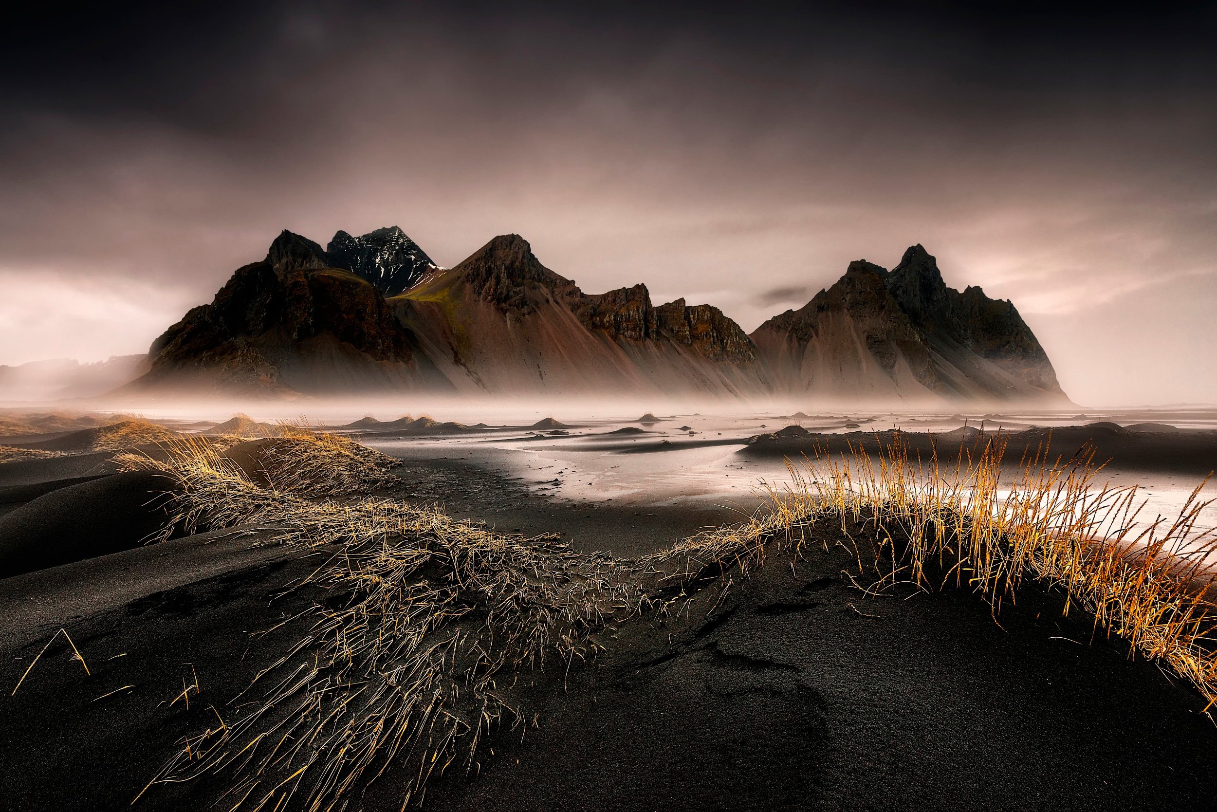 black, Sand, Iceland, Stokksnes, Sea, Ocean, Island, Beach, Grass Wallpaper