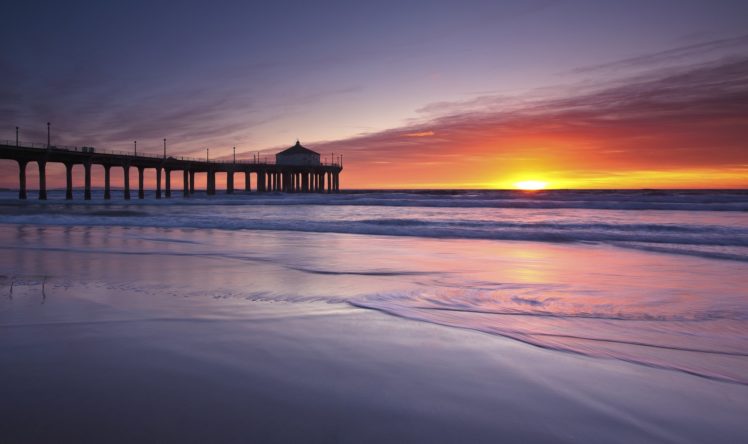 ocean, Usa, Pier, Bridge, Beach, Sea, Sunset, Waves HD Wallpaper Desktop Background