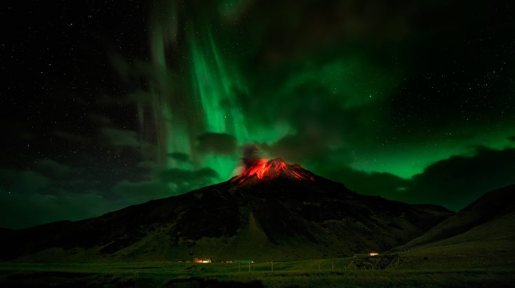volcano, Northern, Lights, The, Eruption, Night, Sky, Lava, Fire, Stars HD Wallpaper Desktop Background
