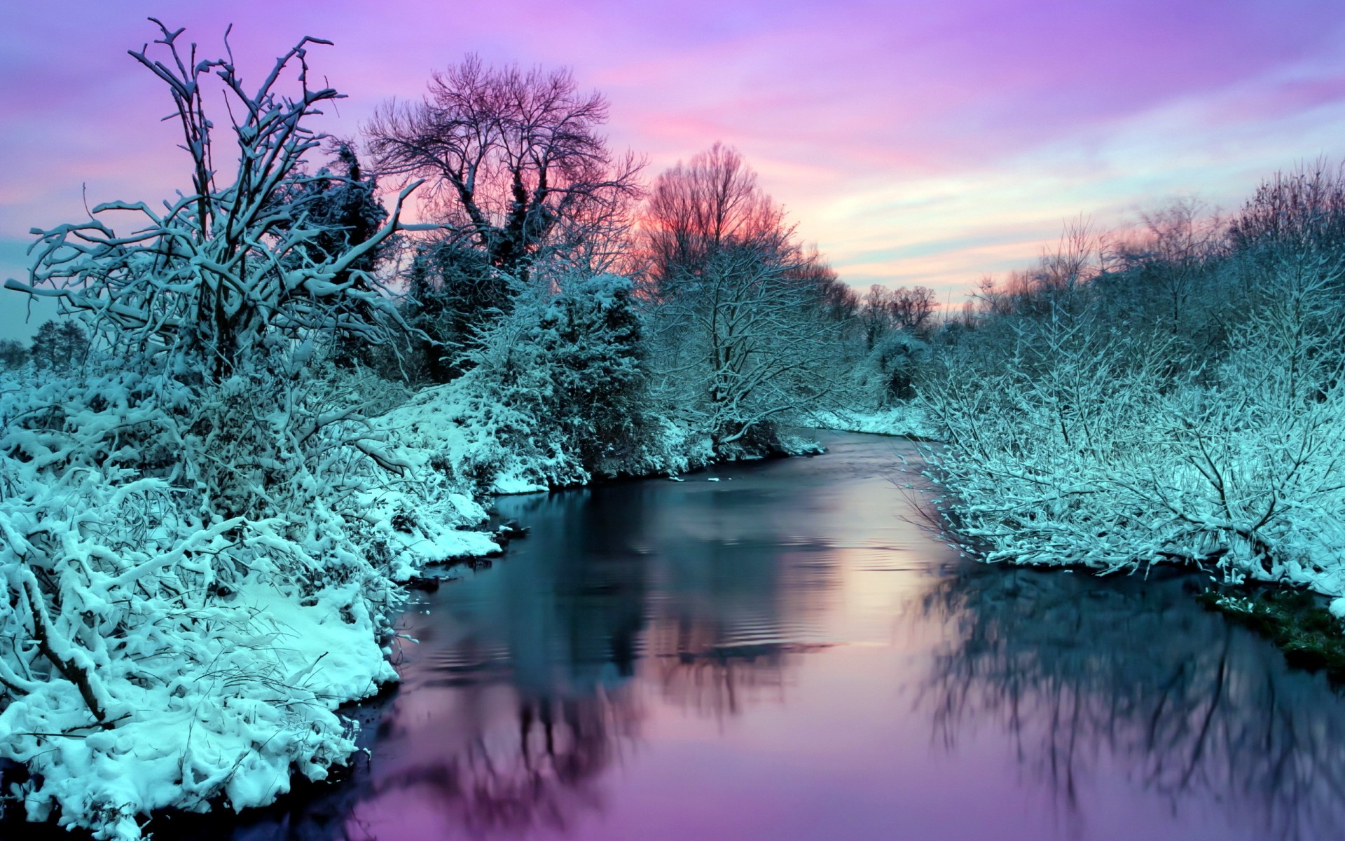 winter, River, Nature, Landscape, Reflection, Sunset, Sunrise, Snow, Sky Wallpaper