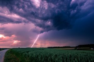 lightning, Sky, Clouds, Field, Grass, Road, Nature, Landscape, Storm, Rain