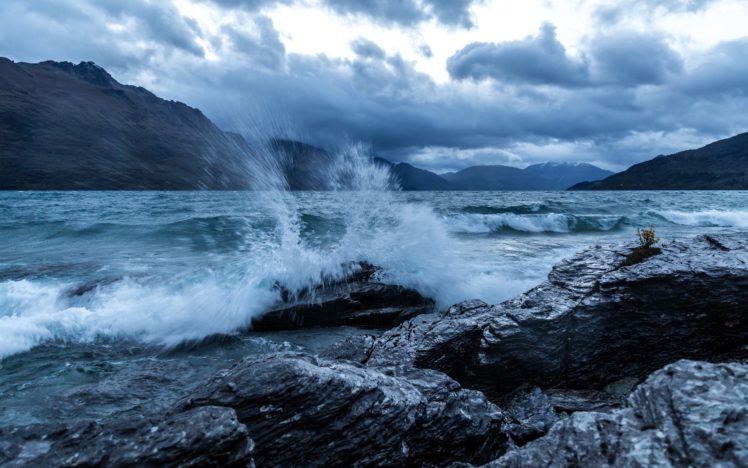new, Zealand, Lake, Wakatipu, Queenstown, Lake, Mountains, Rocks, Spray, Wave, Waves HD Wallpaper Desktop Background