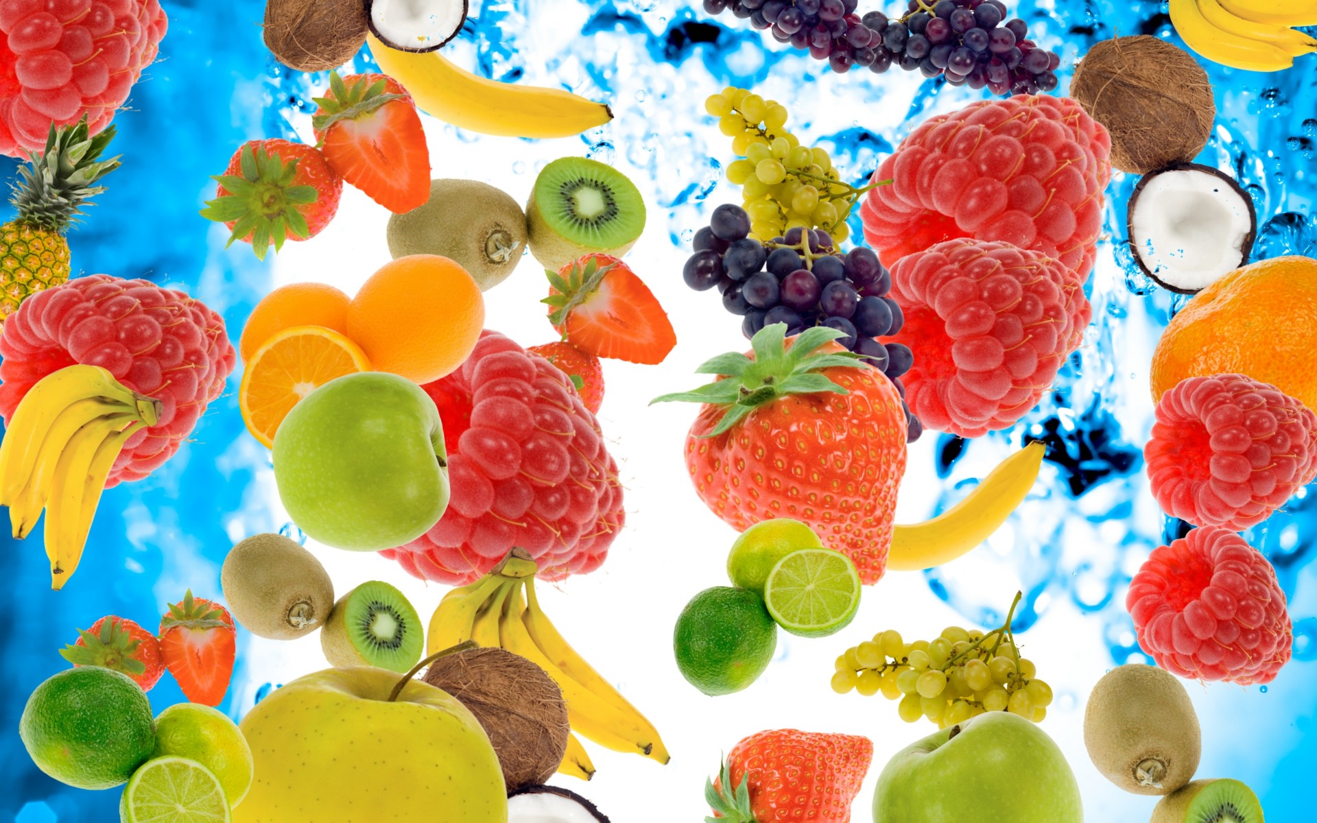 berries, Fruits, Raspberries, Bananas, Kiwi, Strawberry, Lemon, Apple, Pineapple, Coconut, Grapes, Water, Bubbles Wallpaper