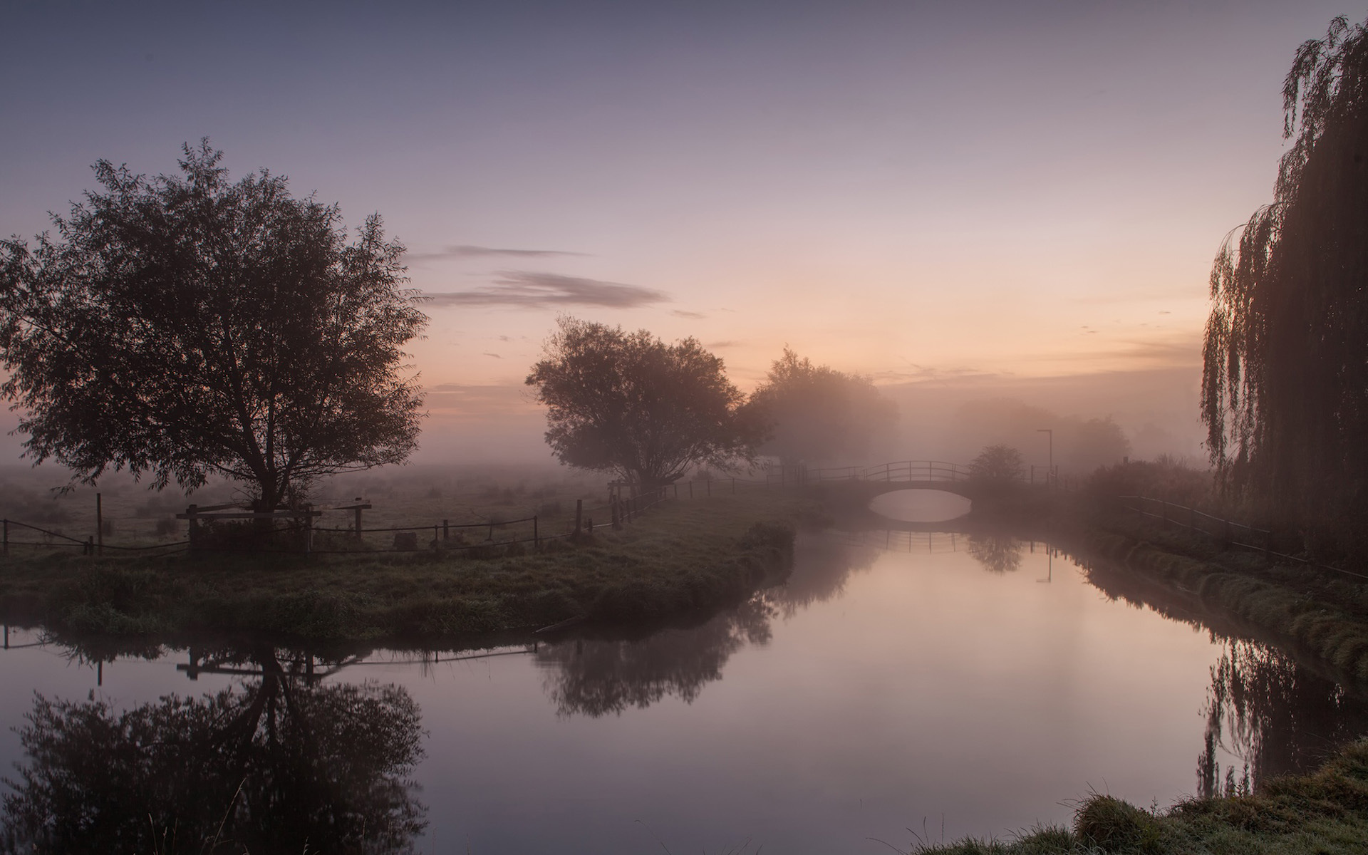 fog, Willow, Morning, River, Landscape, Trees, Orazhenie, Bridge, Sunrise, Reflection, Landscapes, Sky Wallpaper