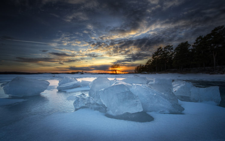 ice, Sunset, Winter, Lakes, Water, Sky, Clouds, Shore, Reflection HD Wallpaper Desktop Background