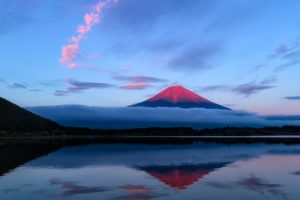 japan, Fuji, Evening, Mountain, Sky, Lake, Reflection, Clouds, Sunset, Sunrise, Clouds, Shore