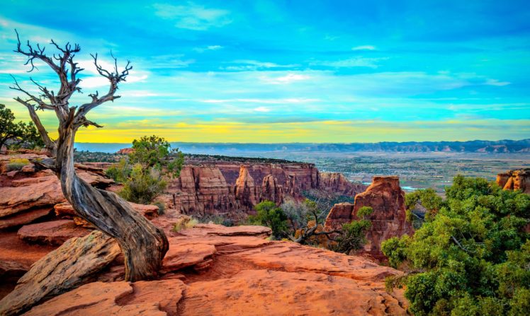 monument, Canyon, Colorado, Sunset, Mountains, Rocks, Trees, Landscape HD Wallpaper Desktop Background