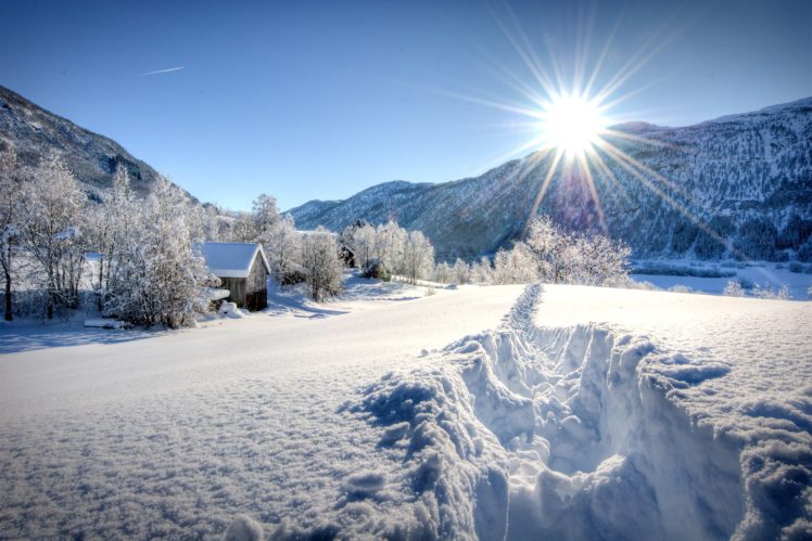 seasons, Winter, Mountains, Snow, Trees, Rays, Of, Light, Sun, Natur, Rustic, Farm, House, Barn HD Wallpaper Desktop Background