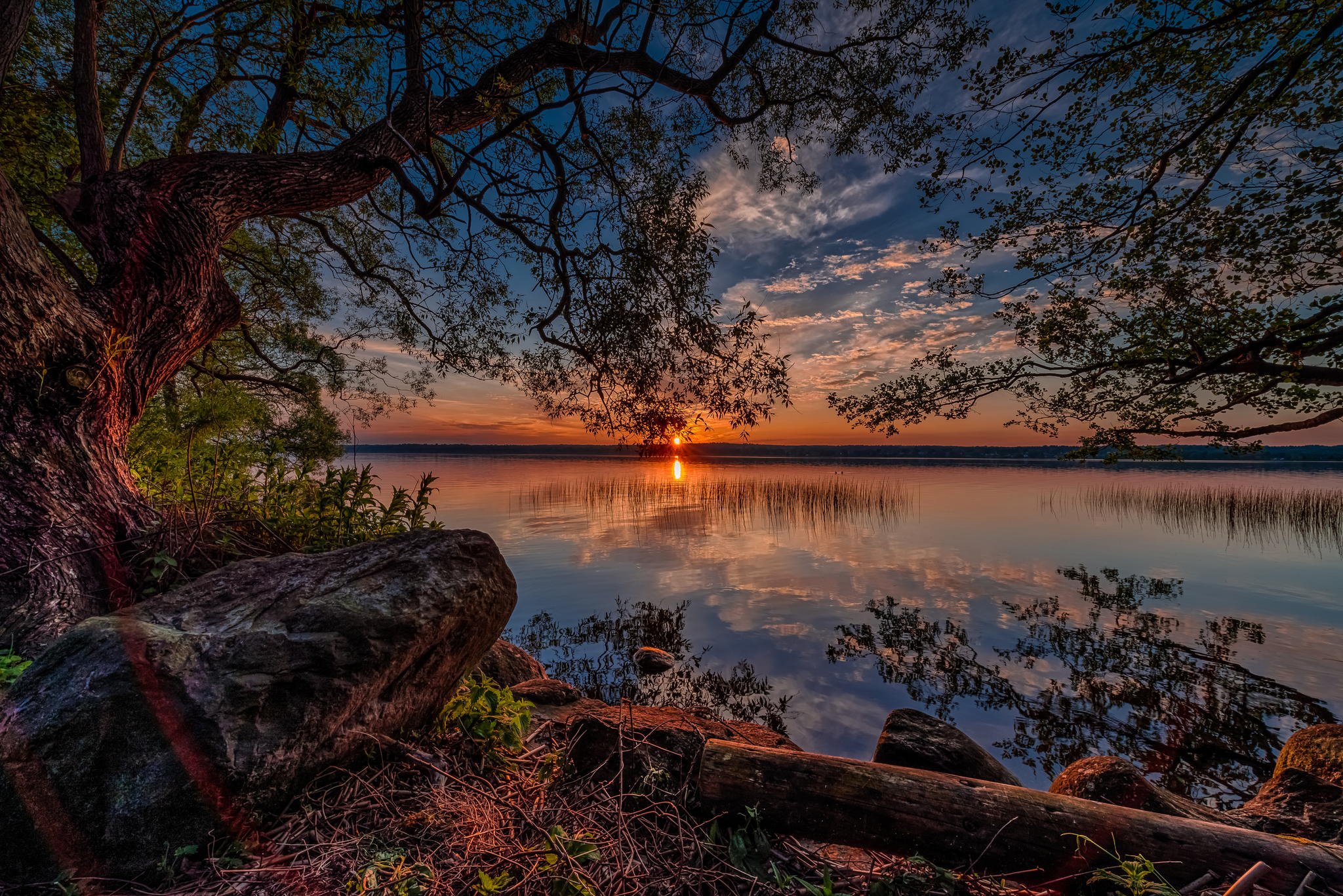 lake, Sunrise, And, Sunset, Scenery, Trees, Nature, Reflection Wallpaper