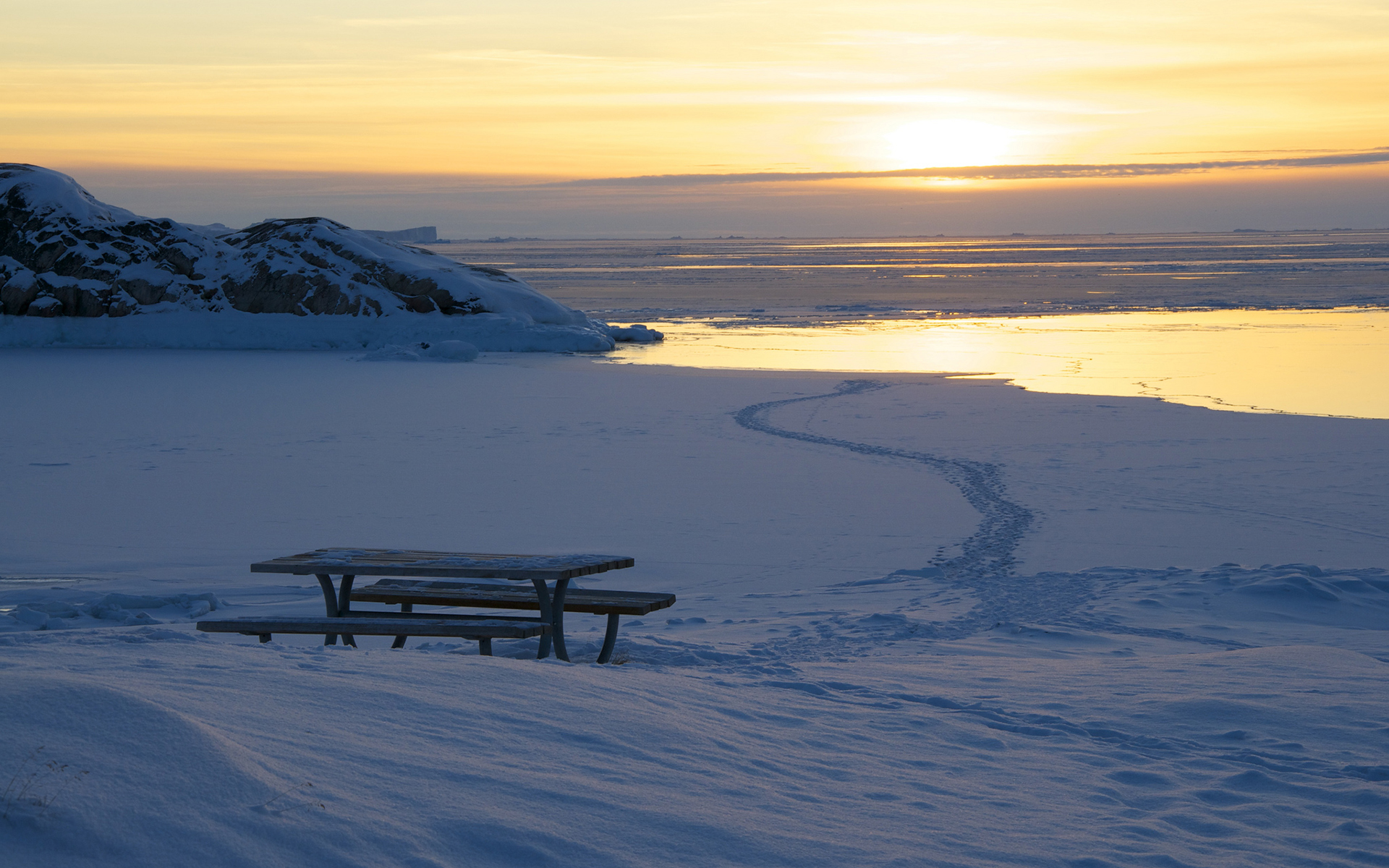 table, Snow, Landscape, Sunset, Ocean, Sea, Reflection, Winter, Landscapes, Mood, Sky, Clouds, Sunset, Sunrise, Trail, Path, Footprints Wallpaper