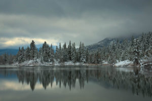 water, Lakes, Reflection, Trees, Shore, Forest, Winter, Snow, Sky, Clouds, Fog