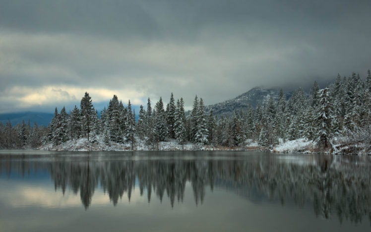 water, Lakes, Reflection, Trees, Shore, Forest, Winter, Snow, Sky, Clouds, Fog HD Wallpaper Desktop Background
