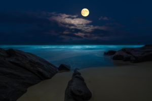 beach, Moon, Sea, Rocks, Night