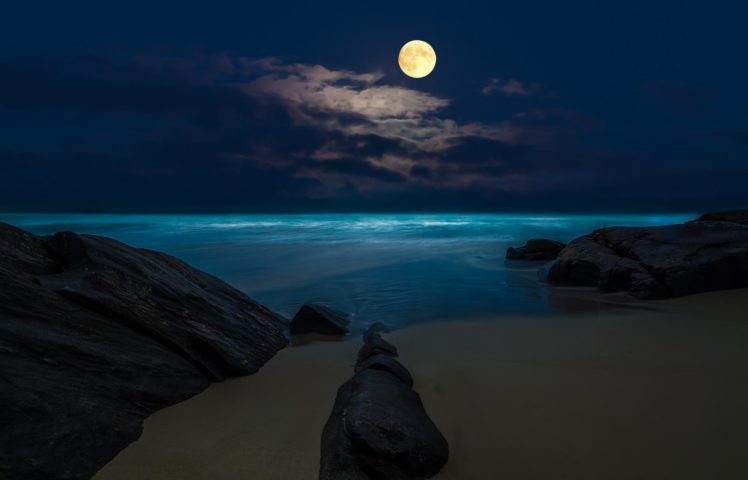 beach, Moon, Sea, Rocks, Night HD Wallpaper Desktop Background