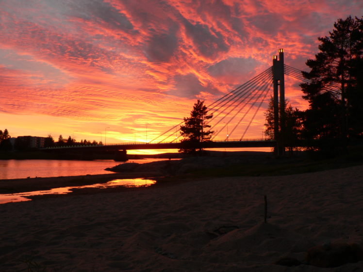 sunset, Clouds, Landscapes, Beach, Bridges, Finland, Rovaniemi HD Wallpaper Desktop Background
