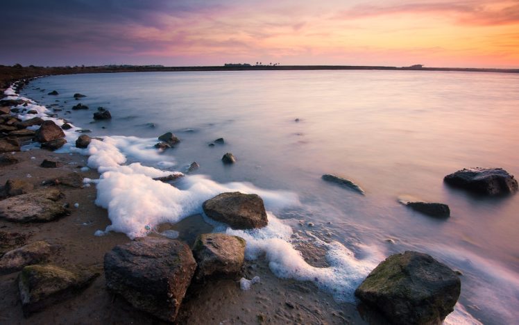 beach, Dawn, Stones, Foam, Morning, Awakening, Sky, Sea HD Wallpaper Desktop Background