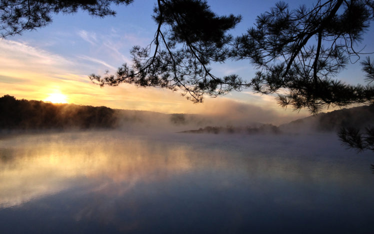 morning, Tree, Lake, Fog, Sunrise, Sun, Reflection, Sunset, Sky, Clouds HD Wallpaper Desktop Background