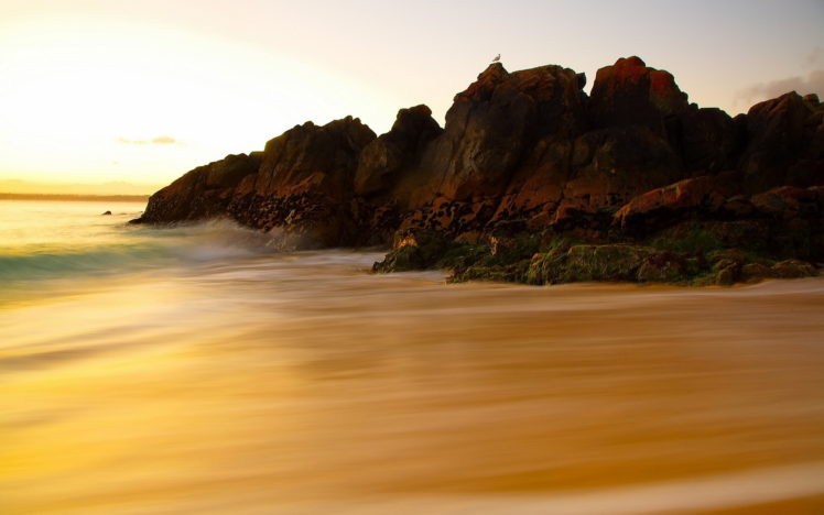 rocks, Beaches, Sand, Waves, Exposure, Ocean, Sea, Seagull, Birds, Sky, Sunset, Sunrise HD Wallpaper Desktop Background