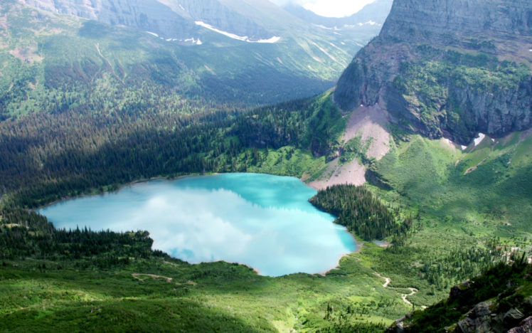 forest, Lake, Glacier, National, Park, Water, Mountains, Trees, Snow, Reflection HD Wallpaper Desktop Background