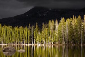 reflection, Lakes, Water, Shore, Trees, Forest, Landscapes, Mountains, Sunlight, Storm