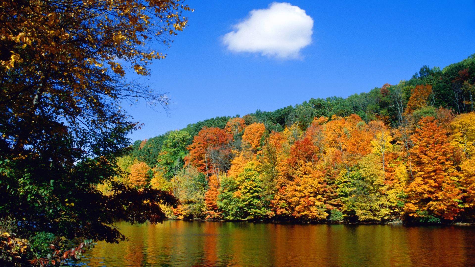 autumn, Fall, Rivers, Lakes, Reflection, Sky, Clouds, Landscapes Wallpaper