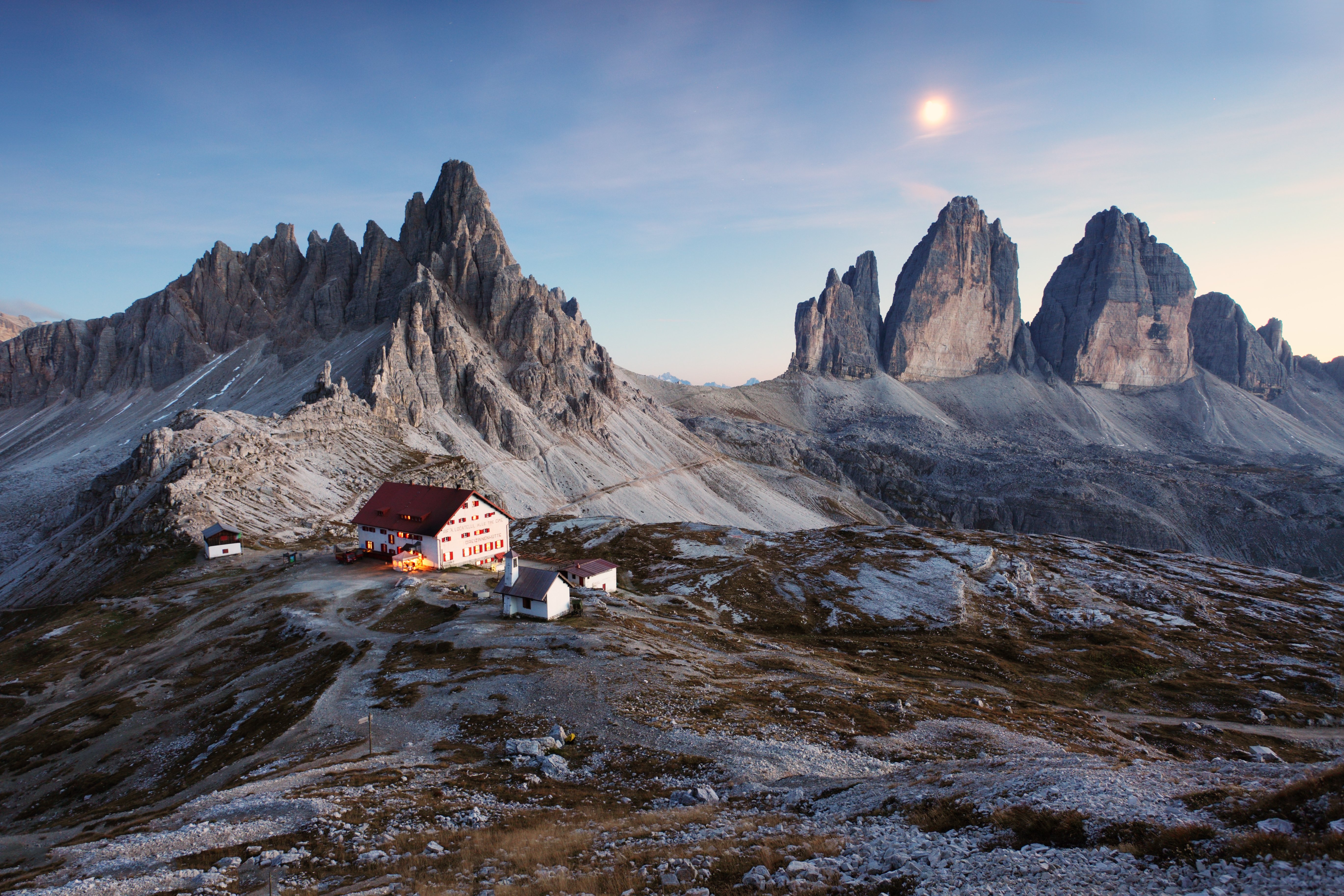 italy, Dolomite, Alps, Three, Peaks, House, Mountains, Snowy, Land, Sunset, Beautiful, Nature, Landscape, Sky Wallpaper