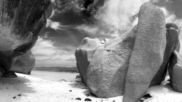 beach, Rock, Grayscale HD Wallpaper Desktop Background