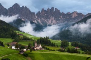 dolomiti, Dolomites, Mountains, Clouds, Forest, Trees, Grass, Church, Home, Nature, Landscape
