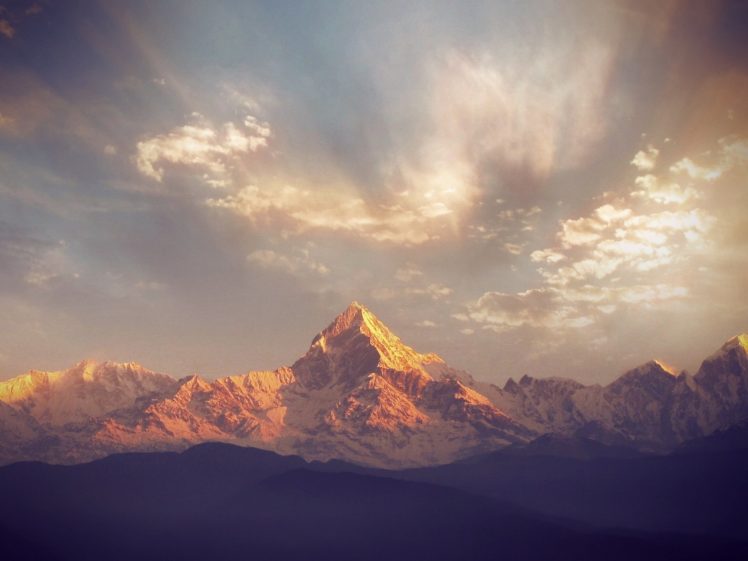 machapuchare, 7000m, Nepal, Nepal, Mountain, Mountain, Range, Sky, Clouds, Sun, Snow, Nature, Panorama, Landscape HD Wallpaper Desktop Background