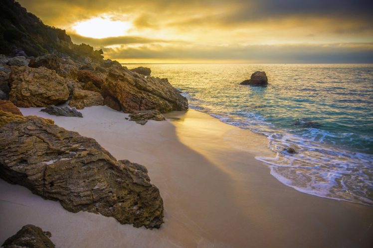 ocean, Rocks, Sand, Sunrise, Beach HD Wallpaper Desktop Background